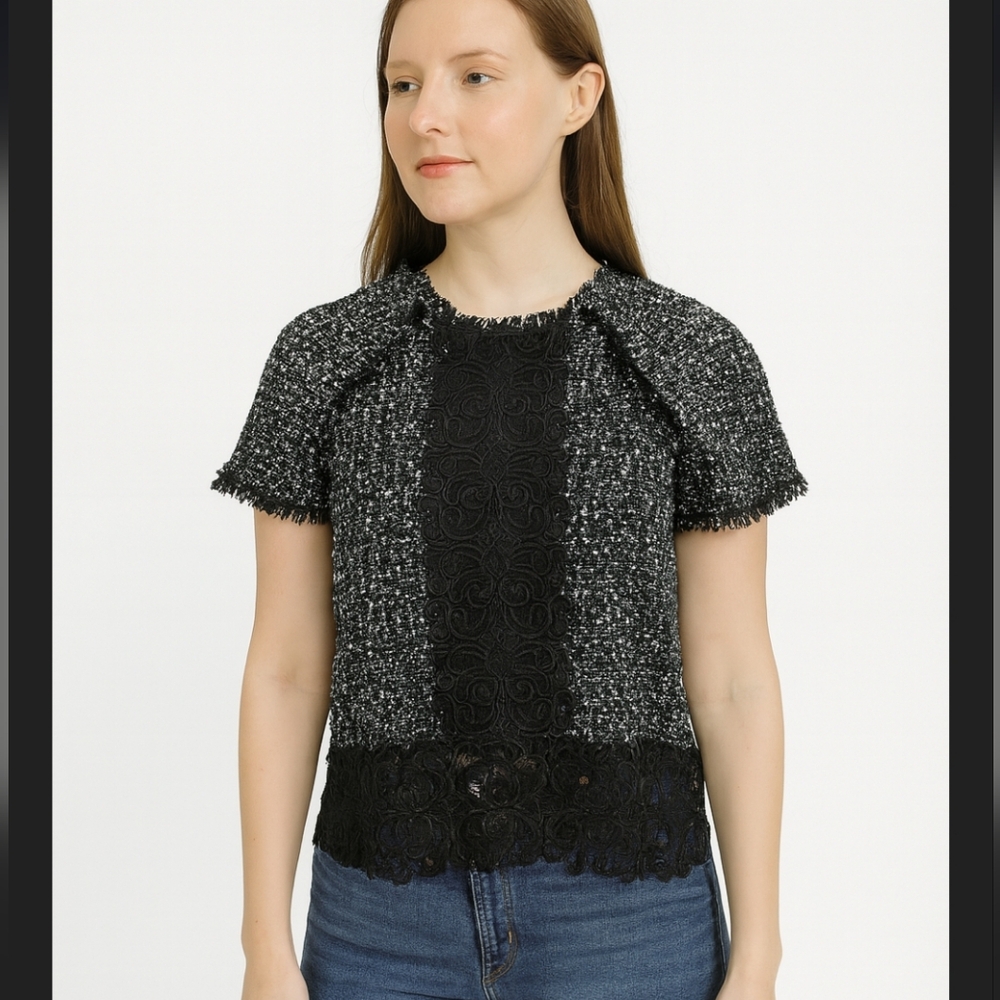 Zara Lace Tweed Top Short Sleeve in Black